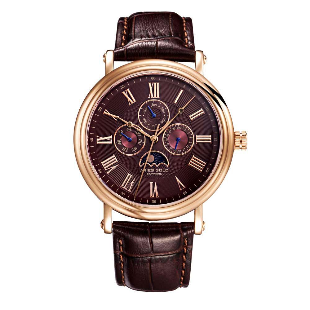 ARIES GOLD URBAN KENSINGTON ROSE GOLD STAINLESS STEEL G 101 RG-CF BROWN LEATHER STRAP UNISEX'S WATCH